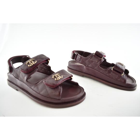 Chanel 21C Burgundy Red Caviar Gold CC Logo Mule Slide Flat Teva Dad Sandal 36 - Picture 3 of 12